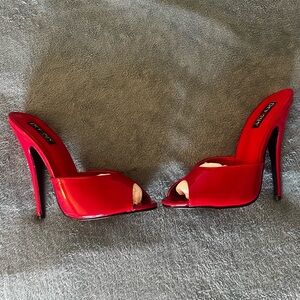 PLEASER DOMINA DEVIOUS RED PATENT PEEP TOE MULE HEEL SANDALS - RED